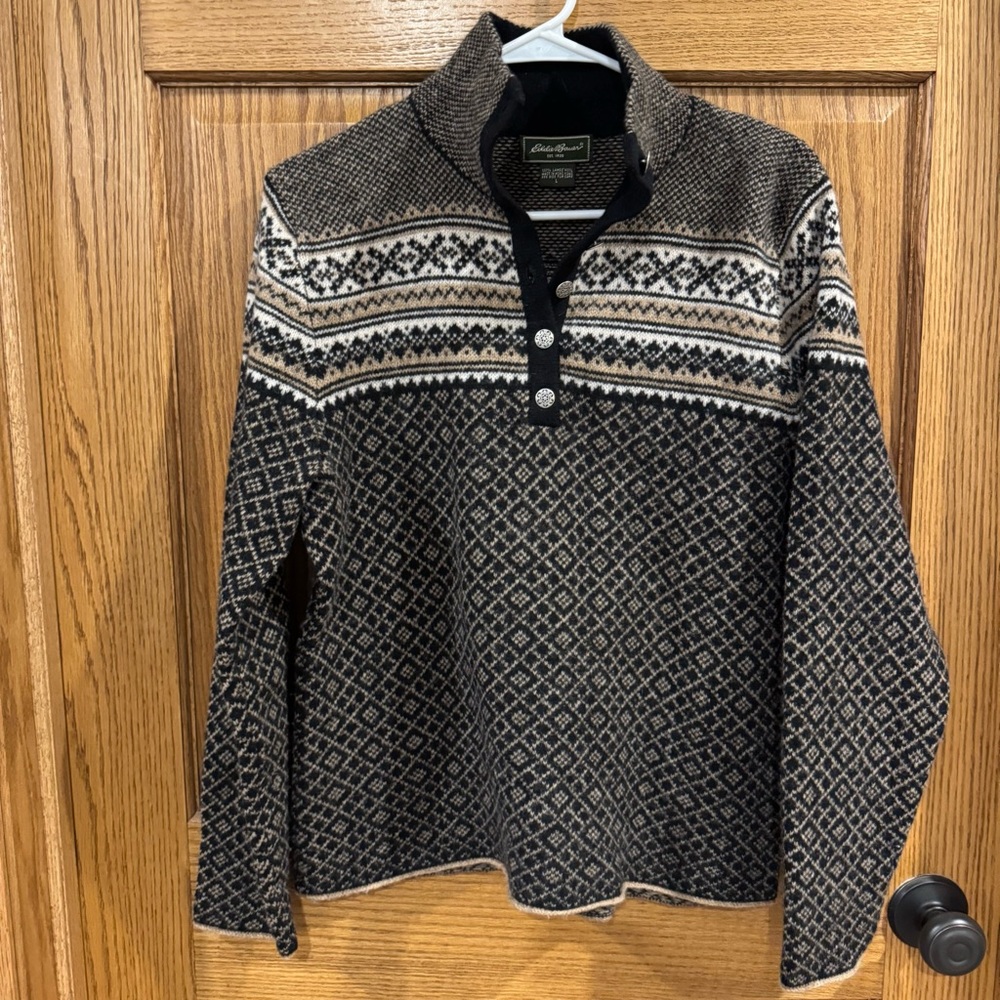 Eddie Bauer Lambswool Nordic Quarter Snap Sweater L – Brown & Black Fair Isle